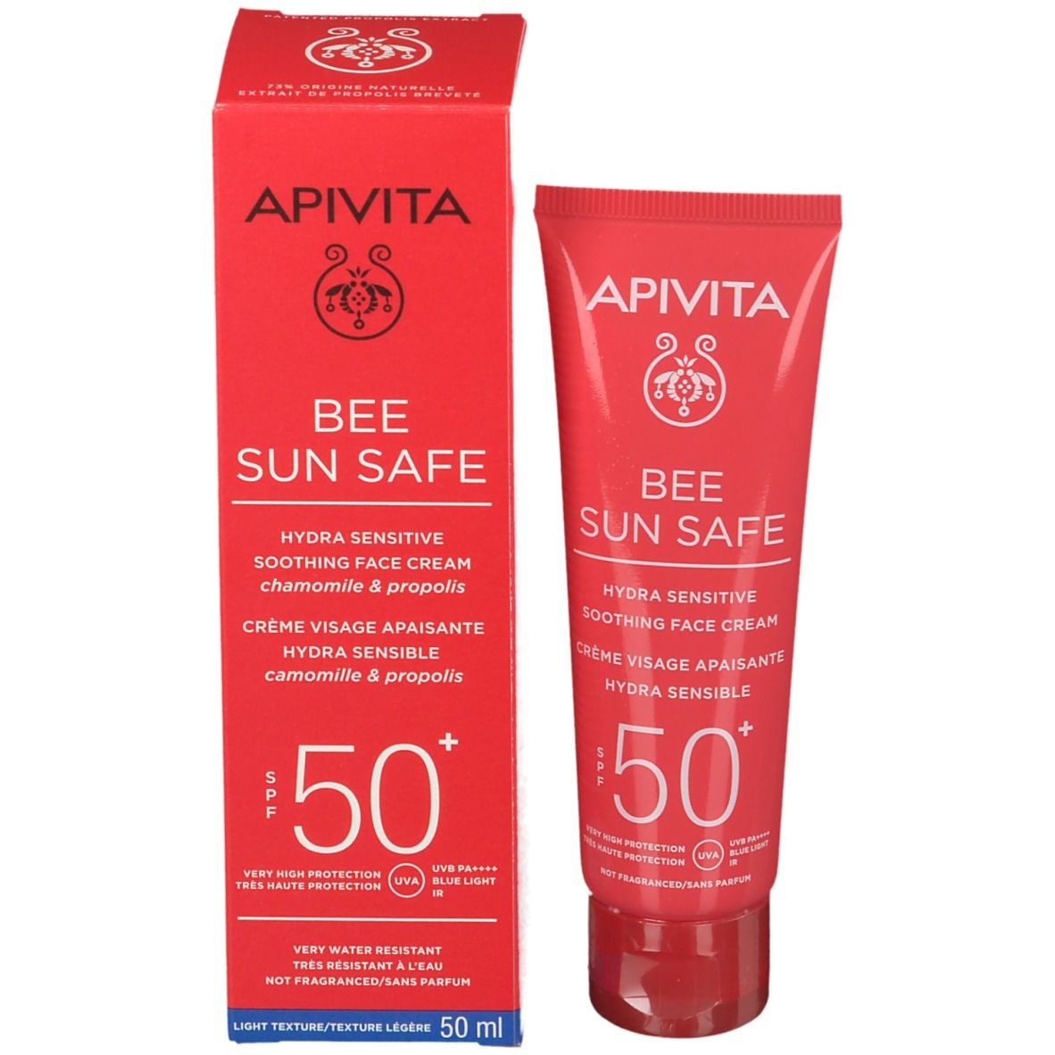 Rode doos en tube APIVITA BEE SUN SAFE. Hydra Sensitive Soothing Face Cream 50+.