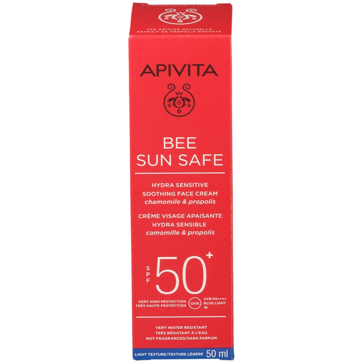 Rode doos APIVITA BEE SUN SAFE. Hydra Sensitive Soothing Face Cream 50+.