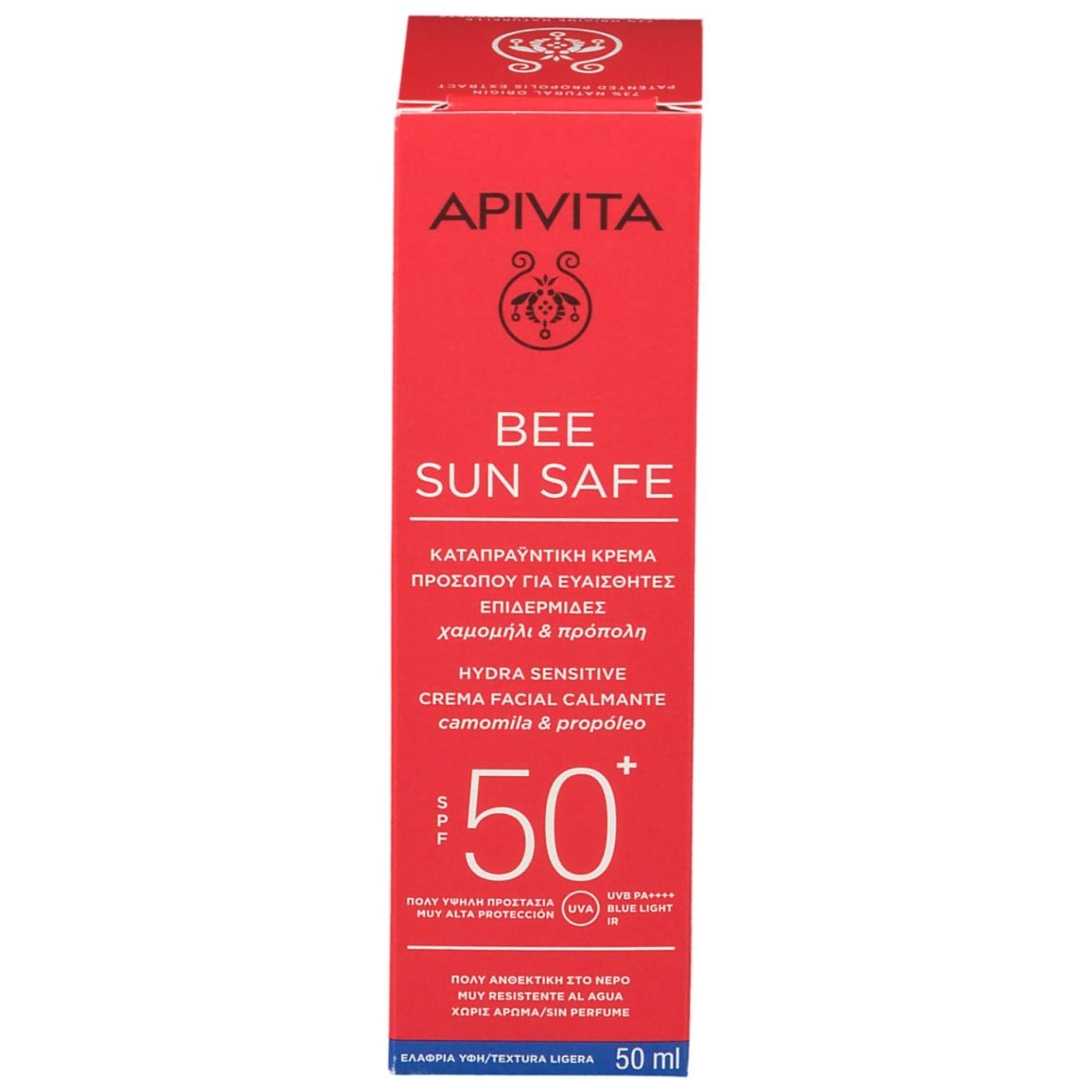 Rode doos APIVITA BEE SUN SAFE. Tekst in het Grieks en Engels.