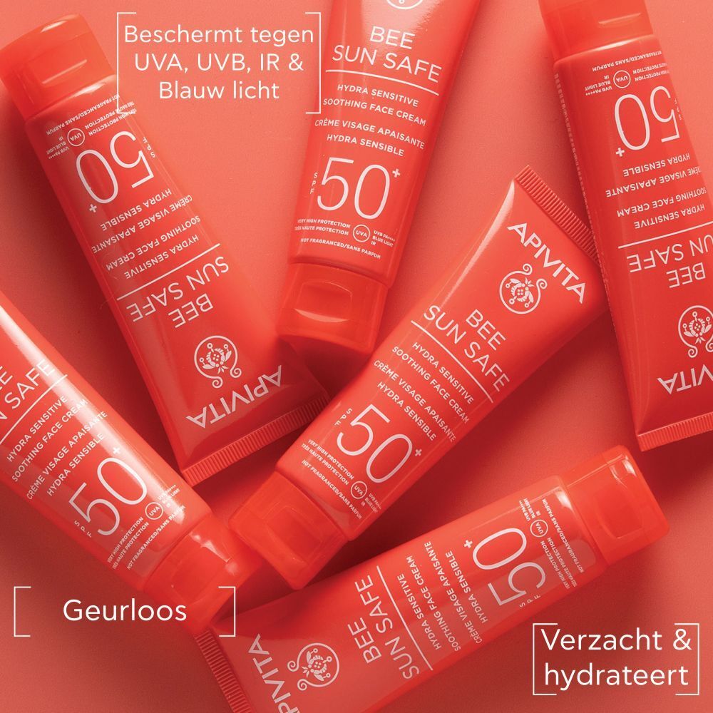 Meerdere tubes APIVITA BEE SUN SAFE. Beschermt tegen UVA, UVB, IR en blauw licht.