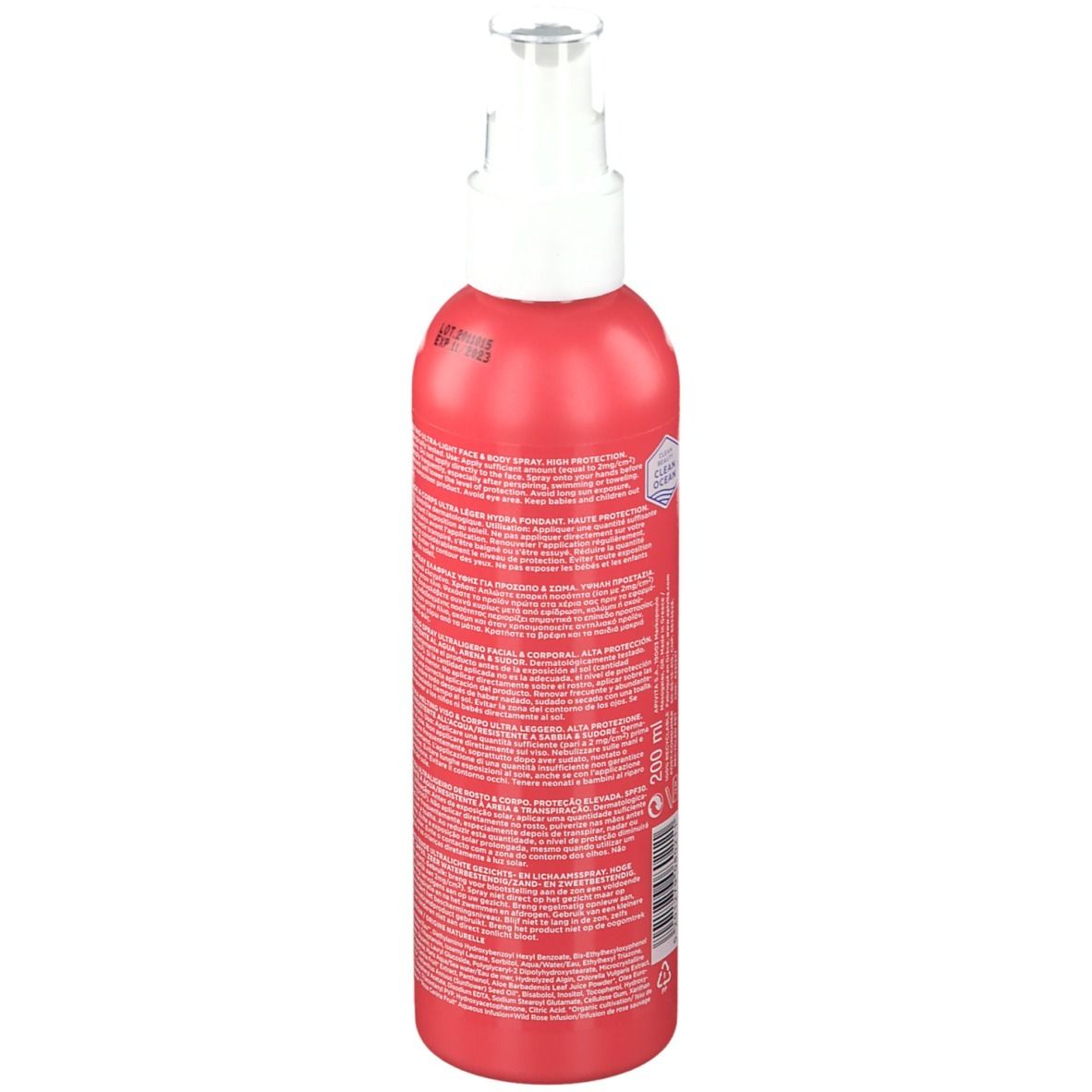 Achterkant van de rode sprayfles. Tekst in meerdere talen.