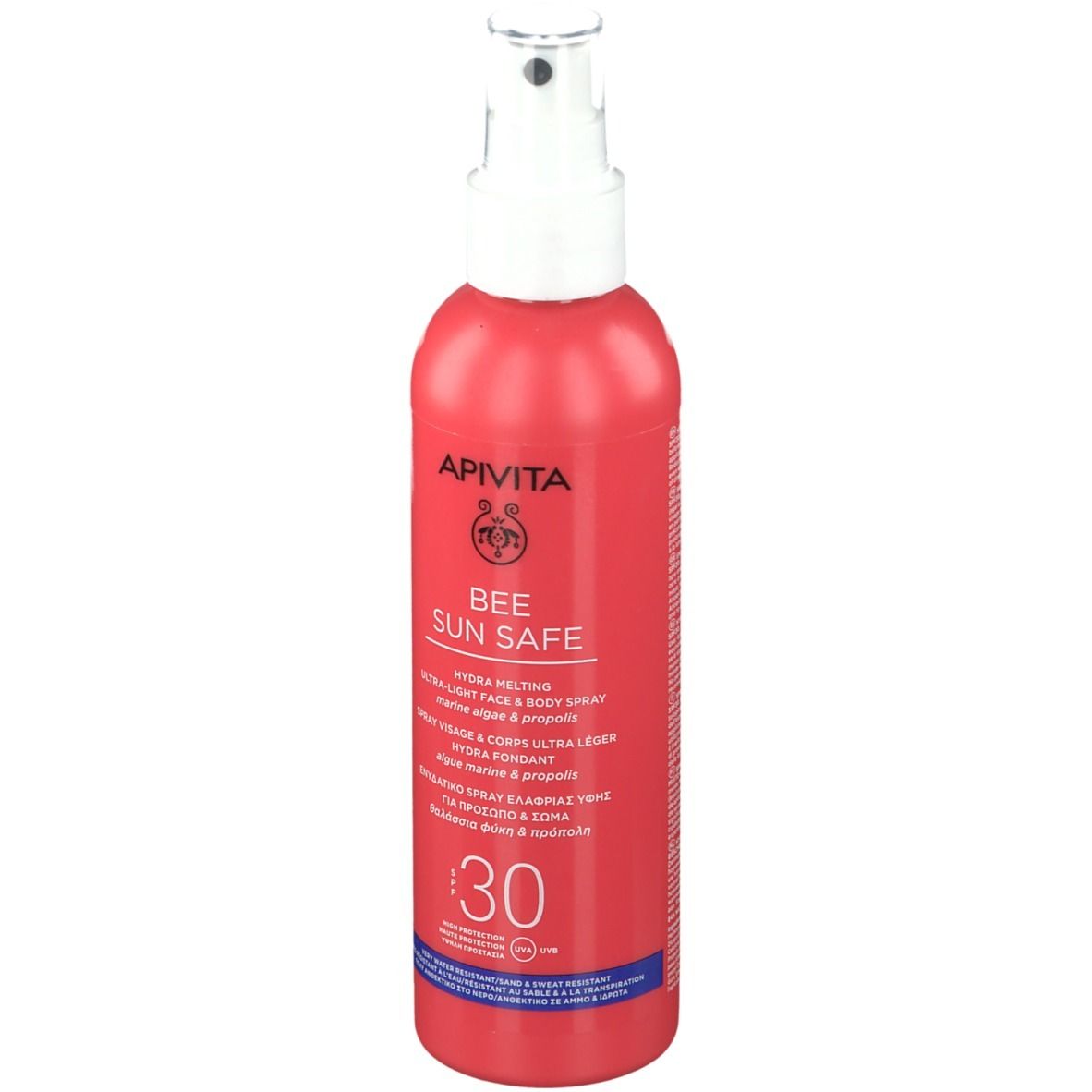 Rode sprayfles met witte sproeikop. Opschrift: APIVITA BEE SUN SAFE, SPF 30.