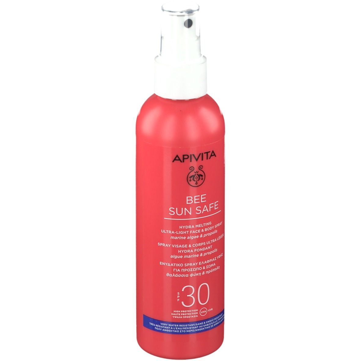 Rode sprayfles met witte sproeikop. Opschrift: APIVITA BEE SUN SAFE, SPF 30.
