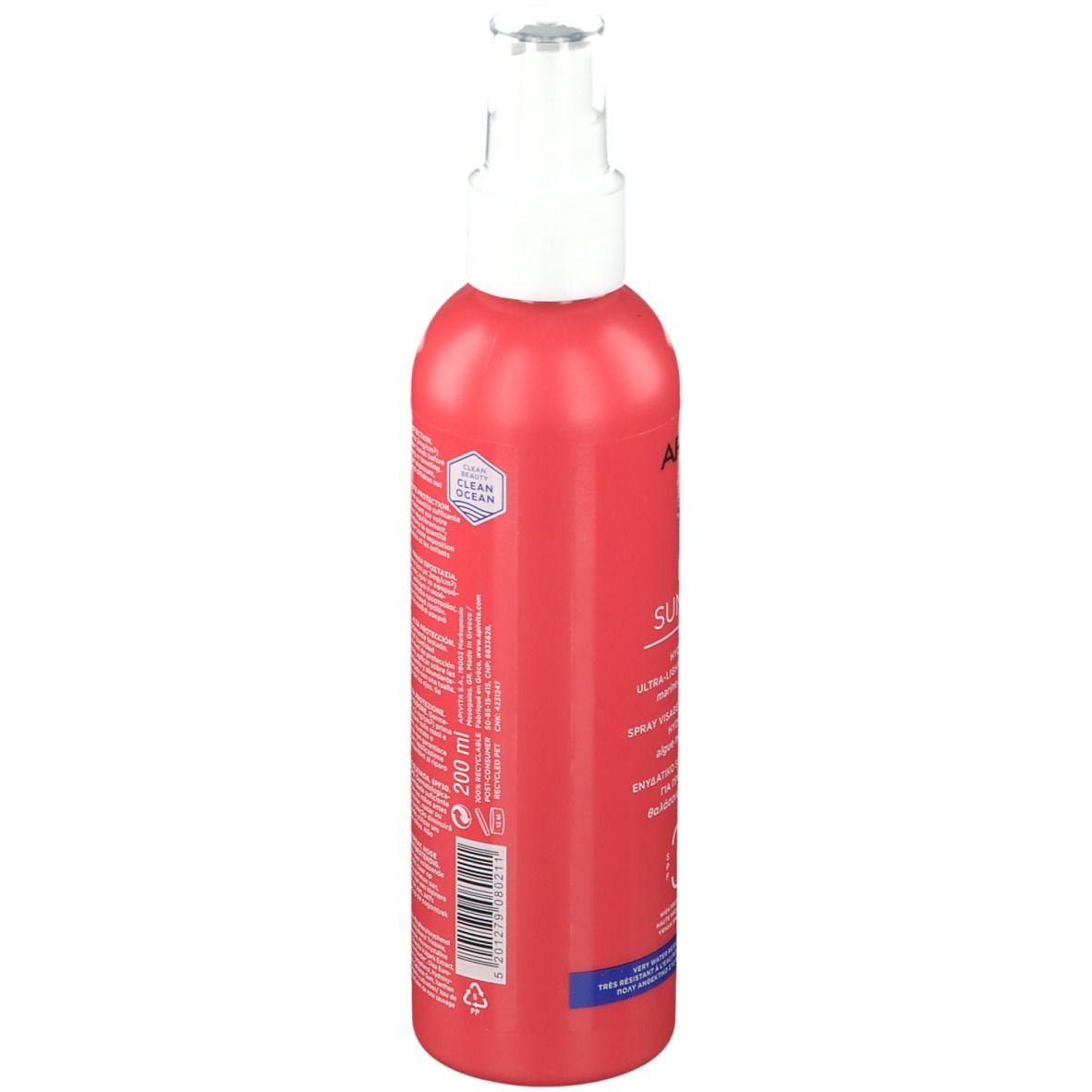 Achterkant van de rode sprayfles. Tekst in meerdere talen.