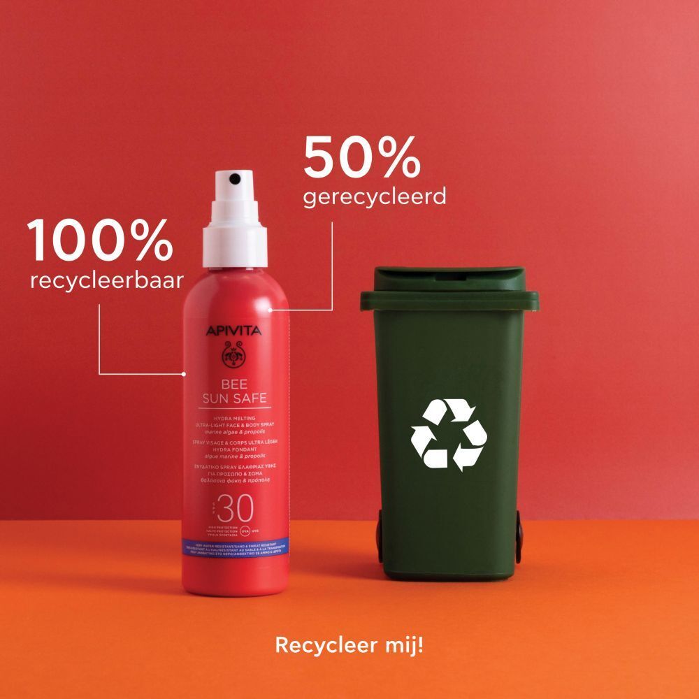 Flesje met vuilnisbak. Tekst: 100% recyclebaar, 50% gerecycled.