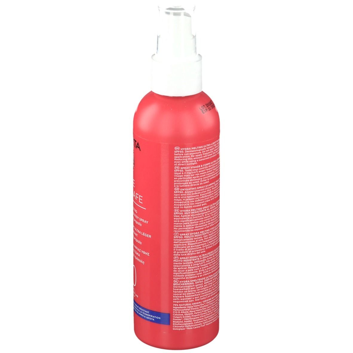 Rode sprayfles met witte sproeikop. Achterkant met tekst. Product voor gezicht en lichaam.
