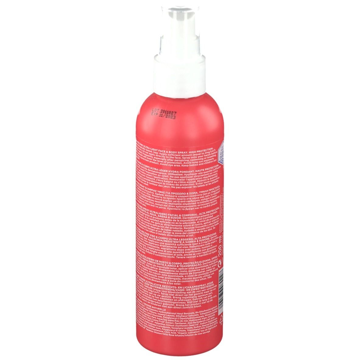 Rode sprayfles met witte sproeikop. Achterkant met tekst. Product voor gezicht en lichaam.