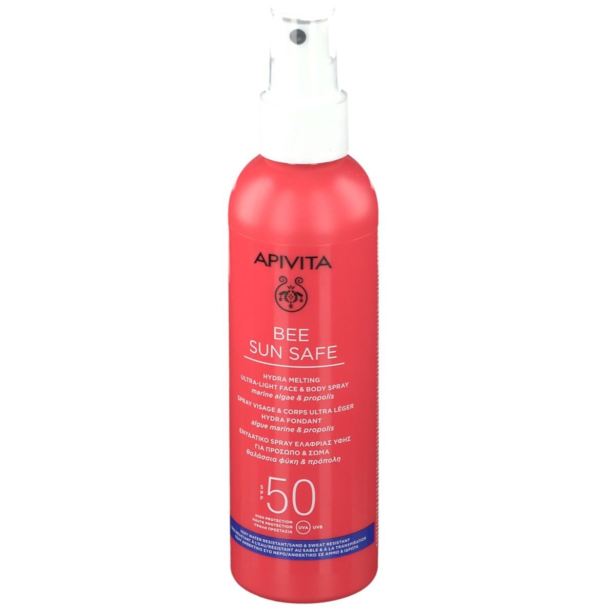 Rode sprayfles met witte sproeikop. Opschrift: APIVITA BEE SUN SAFE, SPF 50. Voor gezicht & lichaam.