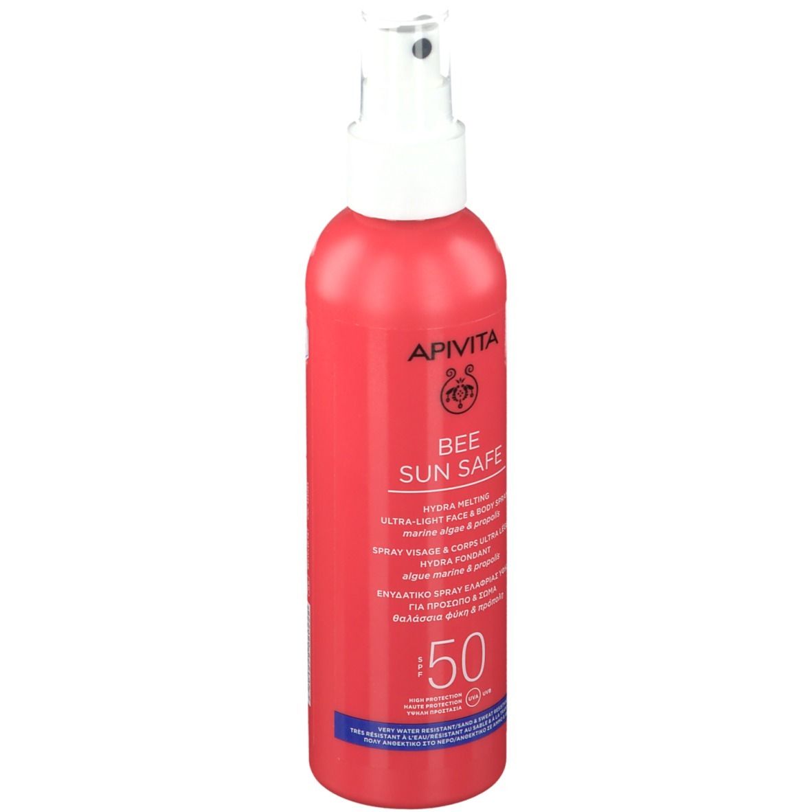 Rode sprayfles met witte sproeikop. Opschrift: APIVITA BEE SUN SAFE, SPF 50. Voor gezicht & lichaam.