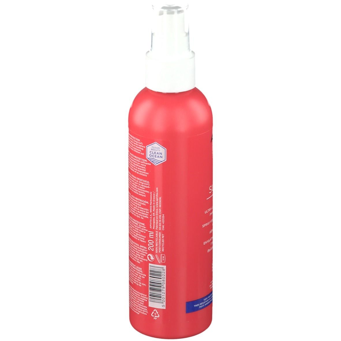 Rode sprayfles met witte sproeikop. Opschrift: APIVITA BEE SUN SAFE, SPF 50. Voor gezicht & lichaam.