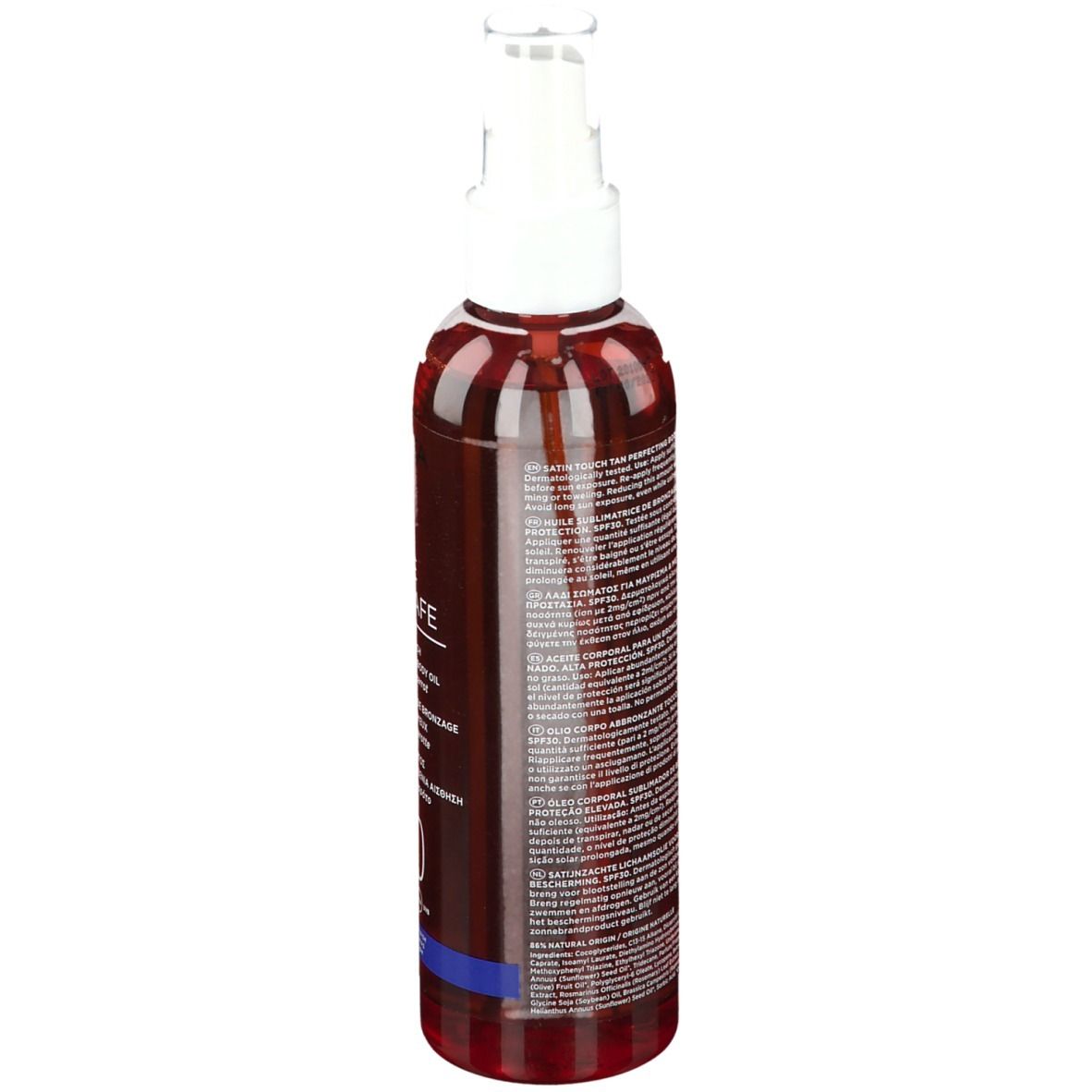 Rückseite der Sonnenschutzöl-Sprühflasche. Text in mehreren Sprachen. Blaue und weiße Schrift.