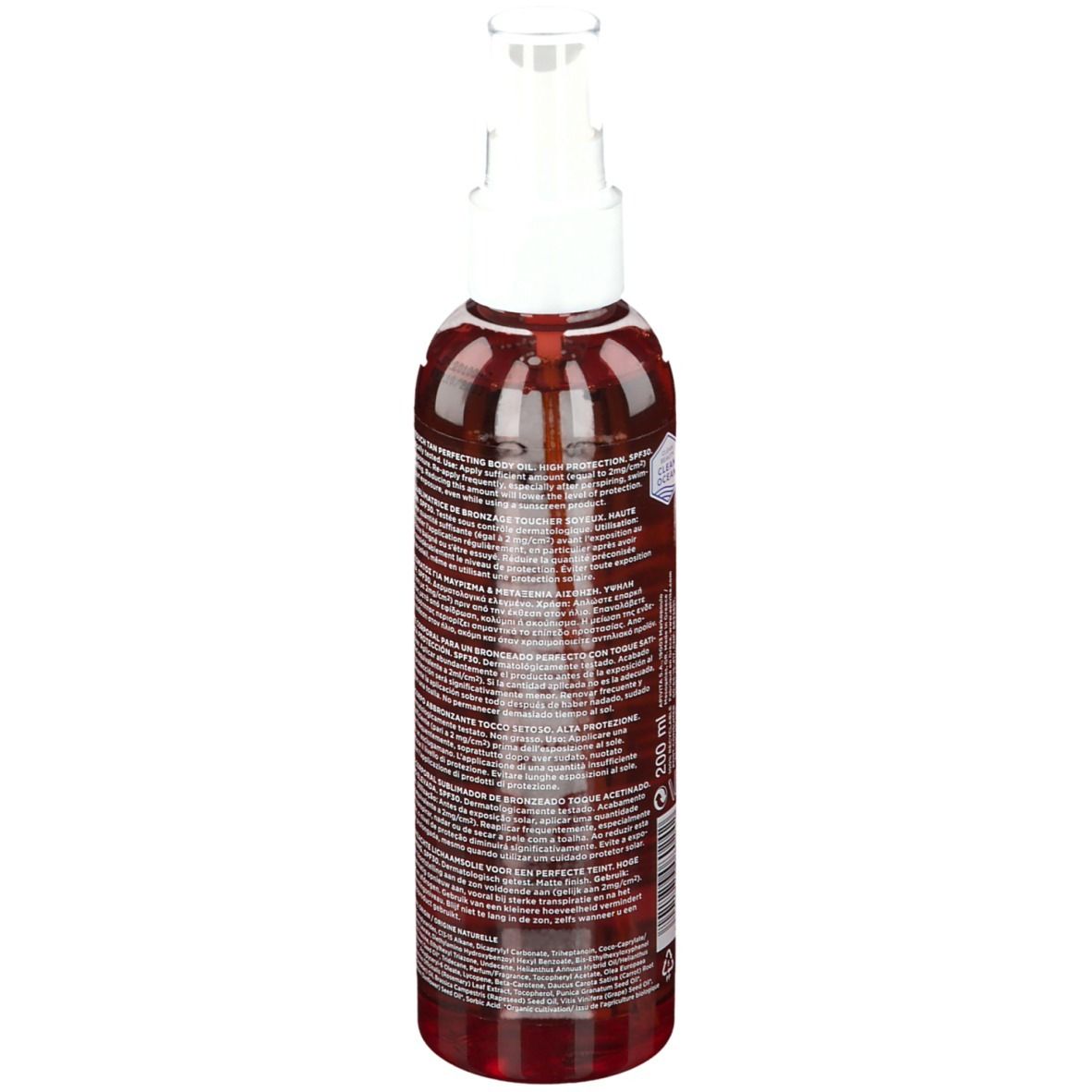 Rückseite der Sonnenschutzöl-Sprühflasche. Text in mehreren Sprachen. Blaue und weiße Schrift.