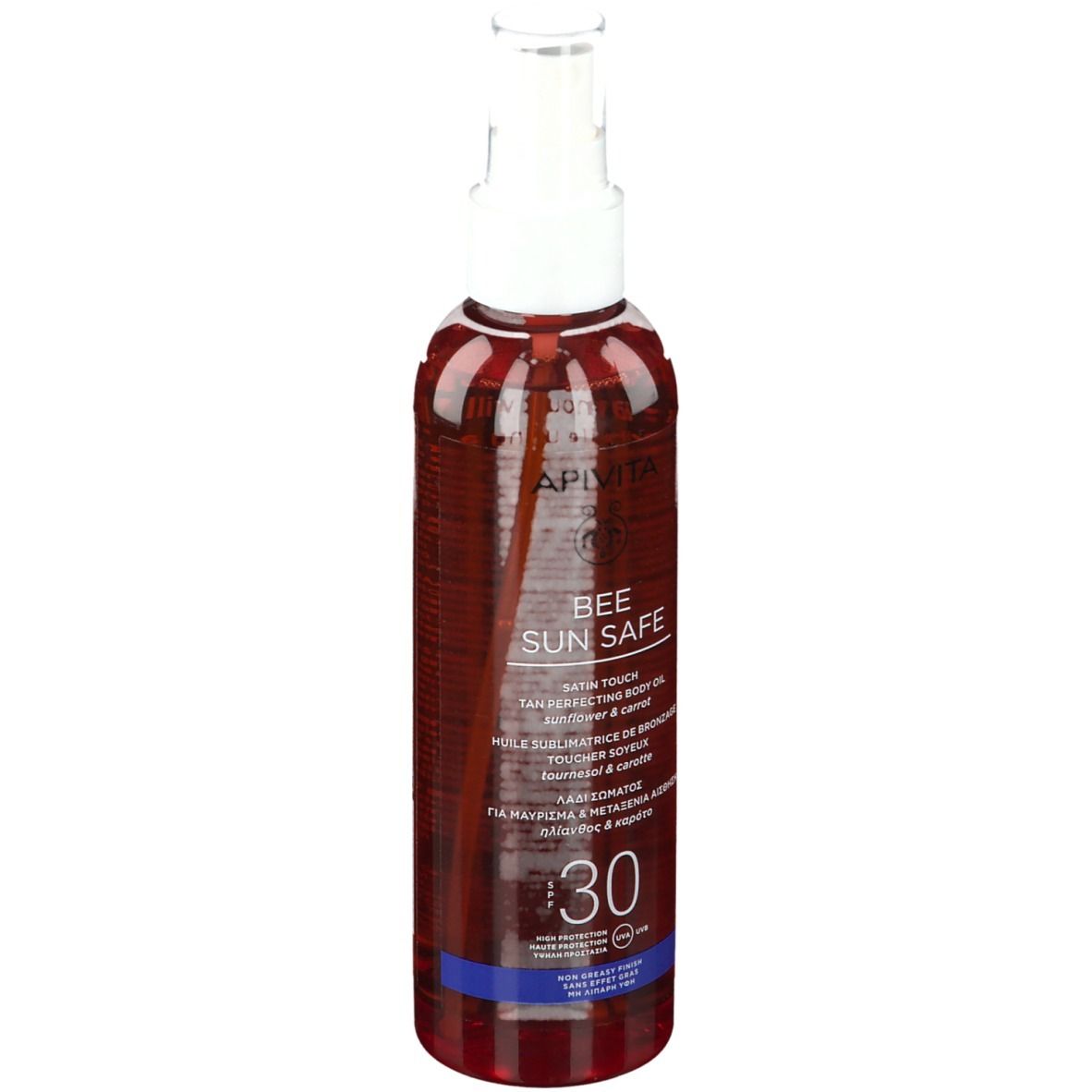 Sonnenschutzöl in einer Sprühflasche. Weißer Sprühkopf, braune Flüssigkeit. Aufschrift: APIVITA, BEE SUN SAFE, LSF 30.
