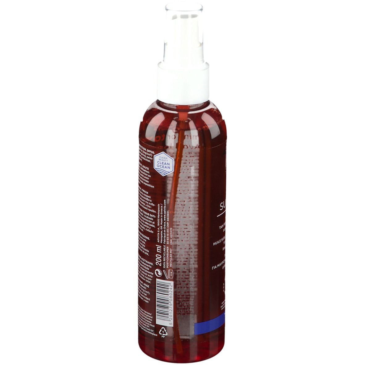 Rückseite der Sonnenschutzöl-Sprühflasche. Text in mehreren Sprachen. Blaue und weiße Schrift.