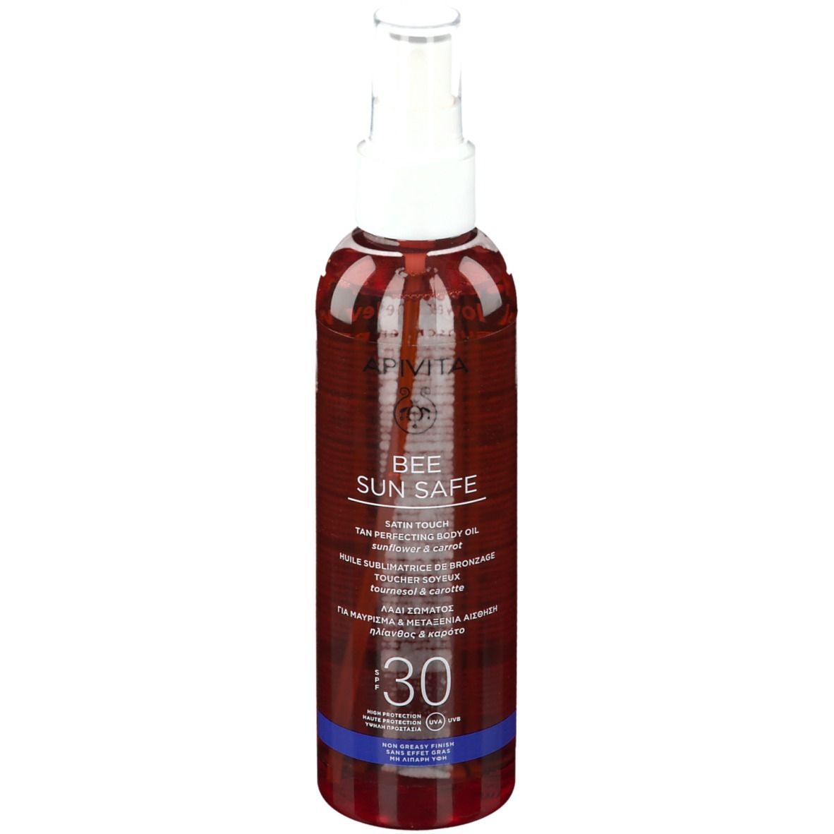 Sonnenschutzöl in einer Sprühflasche. Weißer Sprühkopf, braune Flüssigkeit. Aufschrift: APIVITA, BEE SUN SAFE, LSF 30.