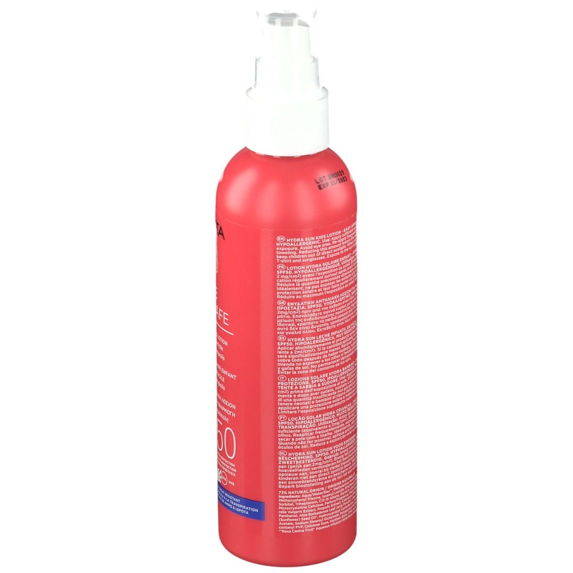 Rode fles met witte spraykop. Achterkant met tekst. Productnaam en merk niet zichtbaar.
