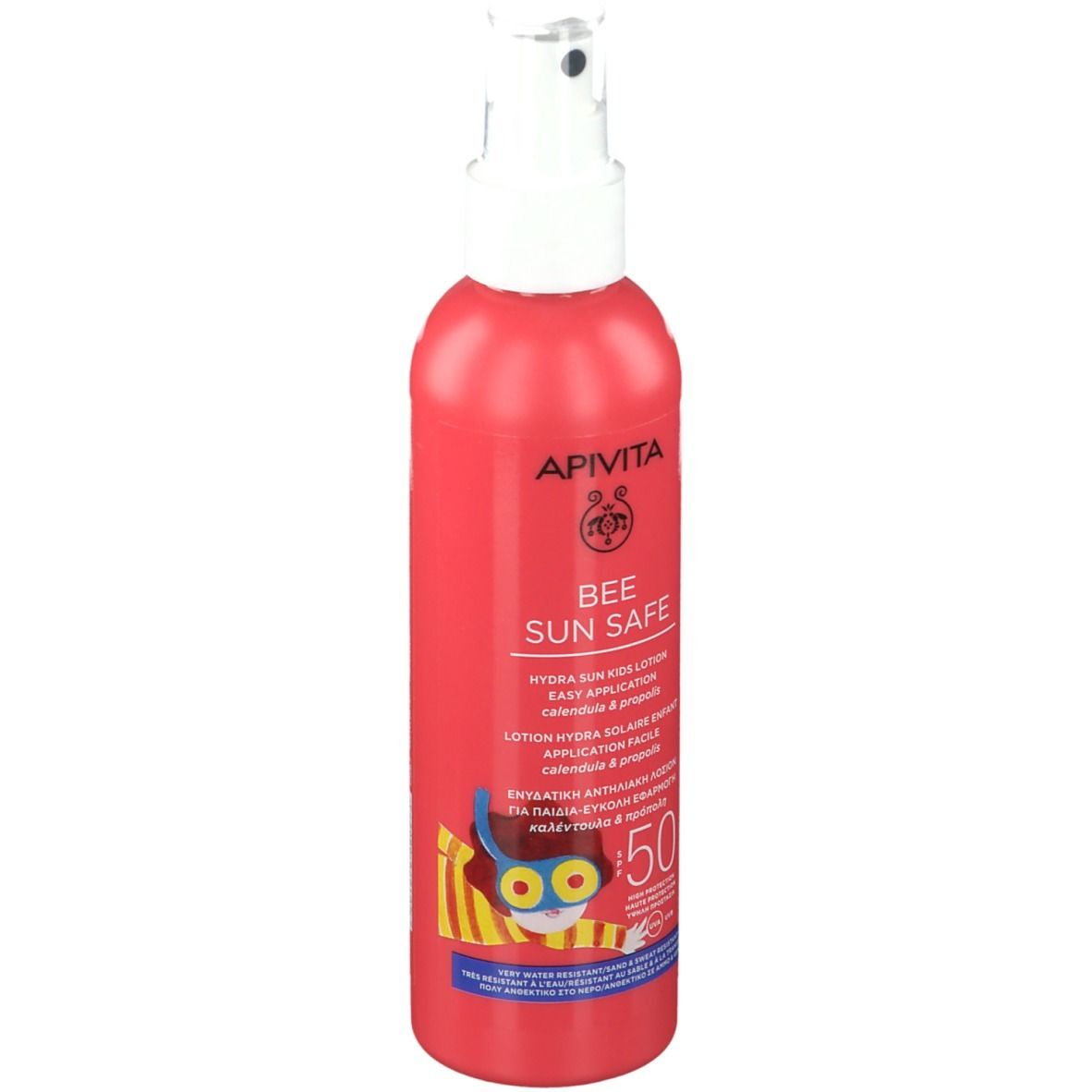 Rode fles met witte spraykop. Opschrift: APIVITA, BEE SUN SAFE, SPF 50. Kinderillustratie.