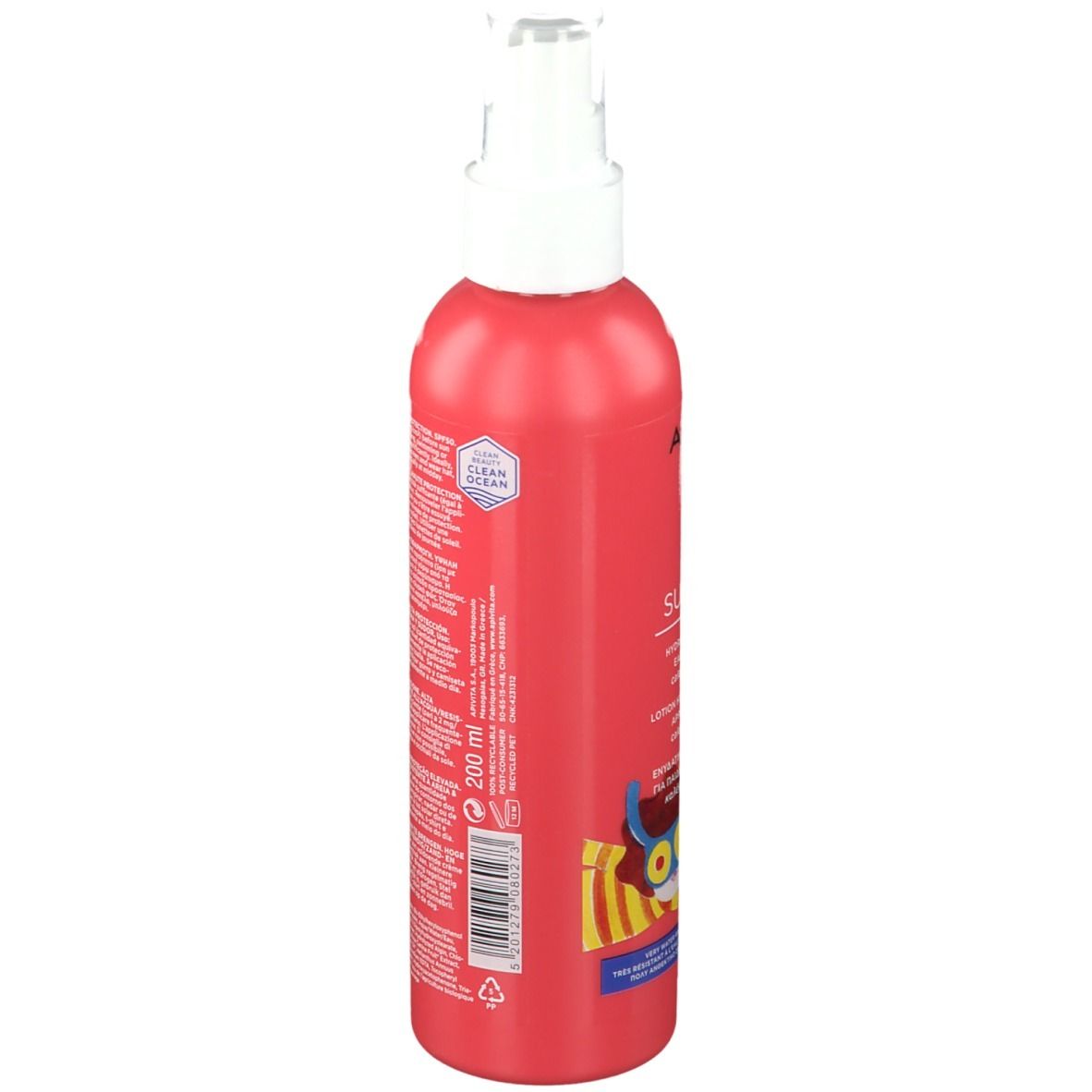 Rode fles met witte spraykop. Opschrift: APIVITA, BEE SUN SAFE, SPF 50. 200 ml. Kinderillustratie.