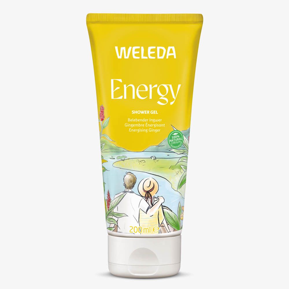Gele tube "WELEDA Energy" met landschap. 200ml. Met bio-keurmerk. Achterkant met ingrediënten en certificeringen.