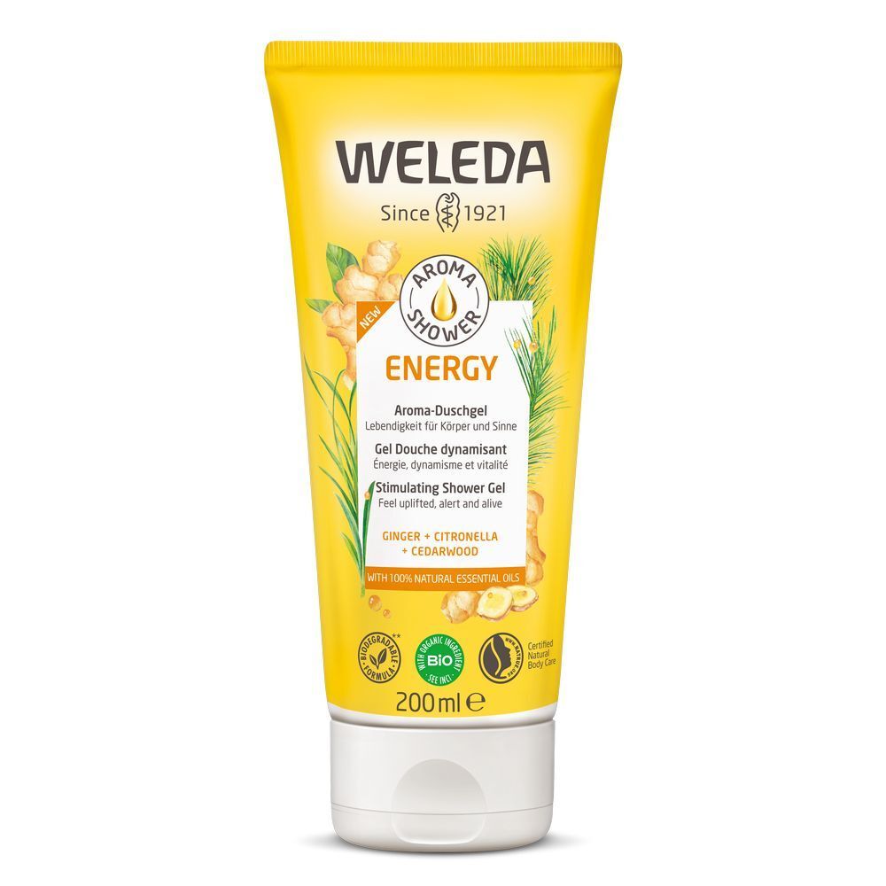 Gele tube met "WELEDA" logo en "ENERGY" tekst. Bevat Aroma Duschgel. 200ml. Met bio-keurmerk.