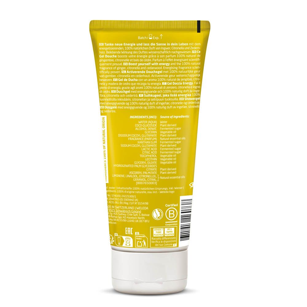 Achterkant van de gele tube "WELEDA Energy". Tekst in meerdere talen. Ingrediënten en certificeringen.