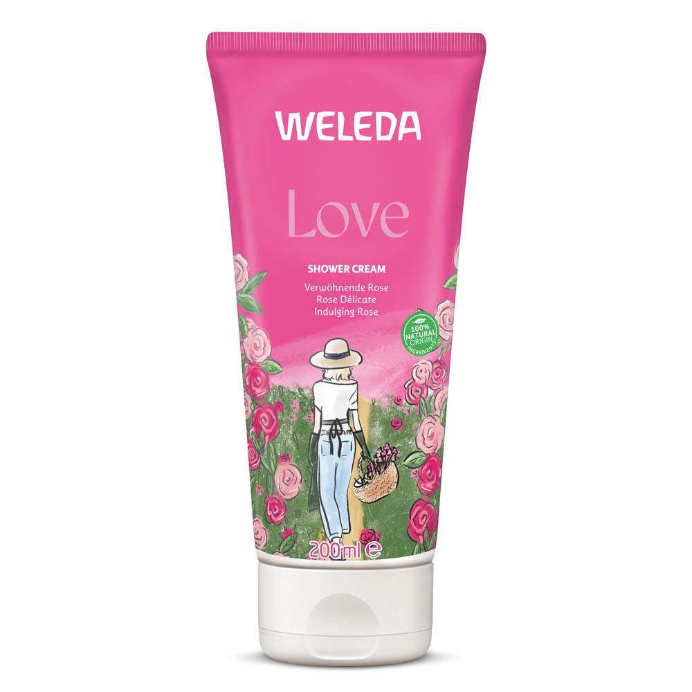 Roze tube met "WELEDA Love Shower Cream". Illustratie van een vrouw met een mand. 200ml.