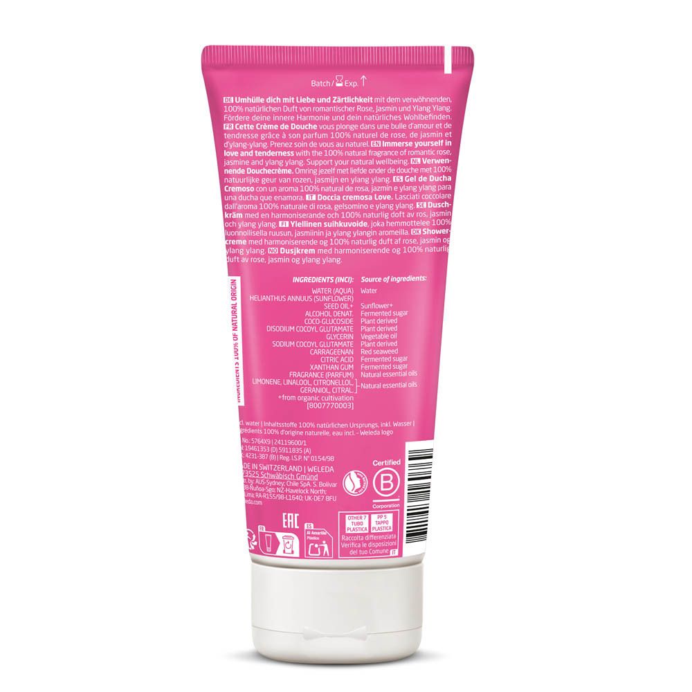 Achterkant van de roze tube. Tekst in meerdere talen. Ingrediënten. Bio-label en B Corp-certificering.