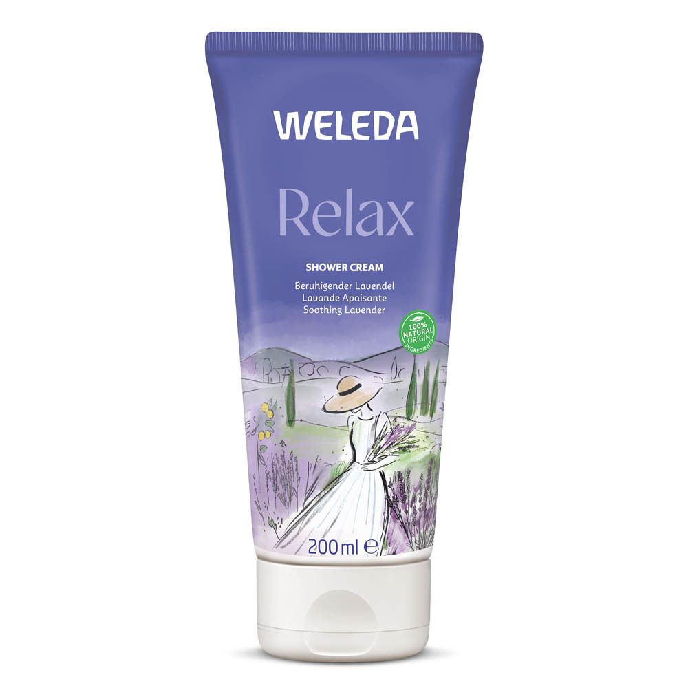 Paarse tube met witte dop. Tekst: WELEDA Relax, Douchecrème, 200ml, 100% natuurlijke ingrediënten.