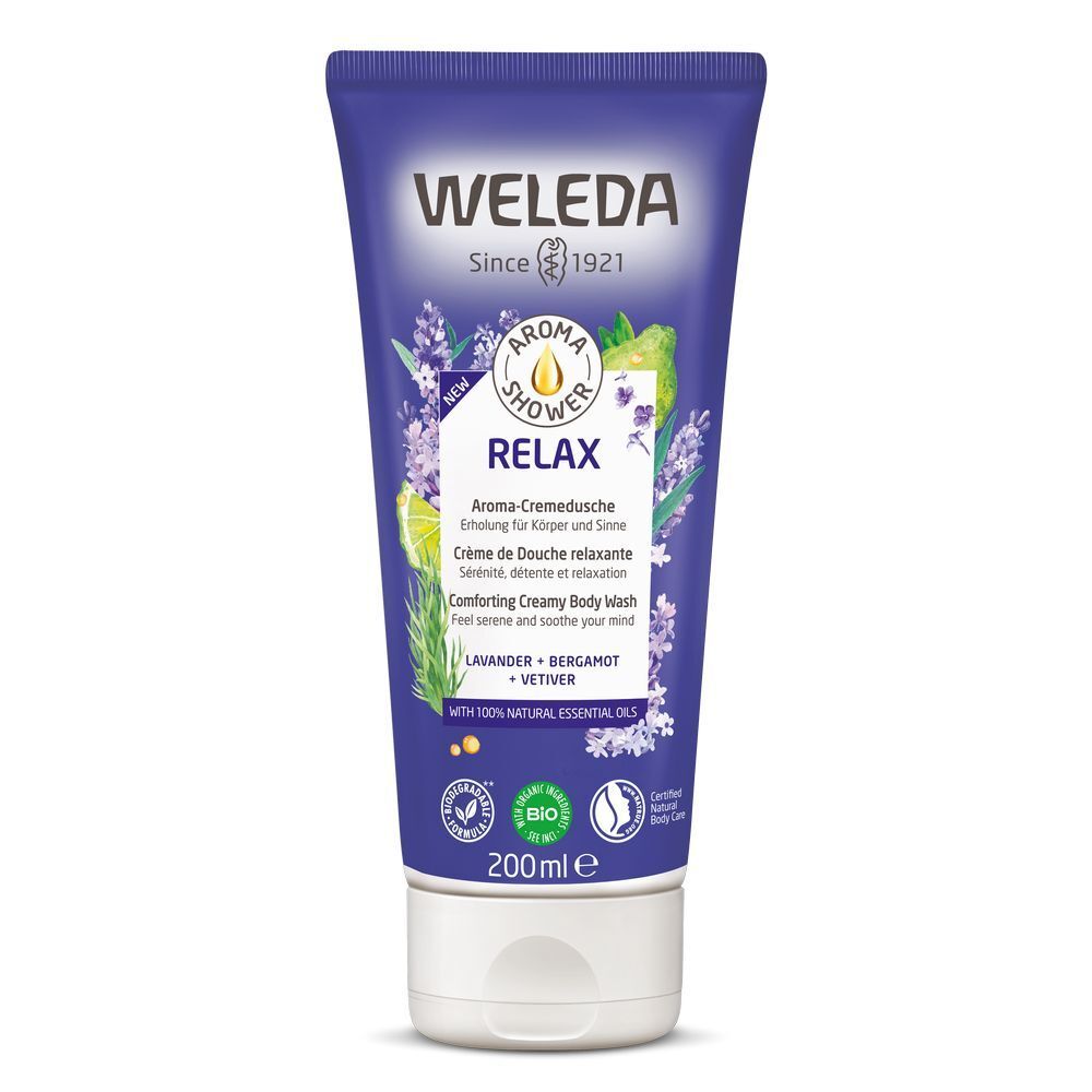 Paarse tube met witte dop. Tekst: WELEDA, Aroma Shower Relax, Crème de Douche relaxante, 200ml, Bio-label.