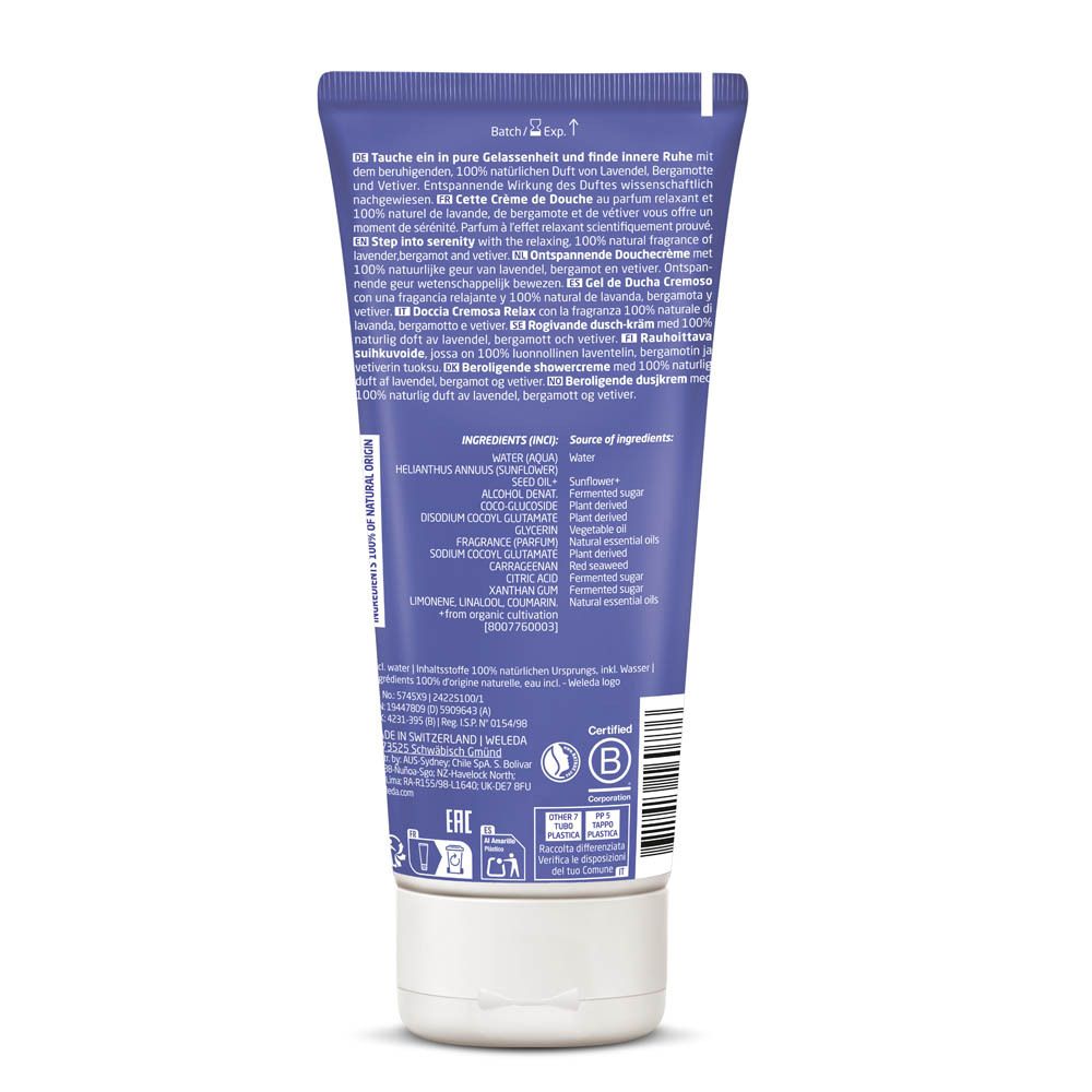 Achterkant van een paarse tube met witte dop. Tekst: ingrediënten, certificeringen, recyclingsymbolen.