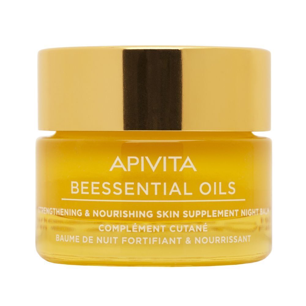 Glazen pot met gouden deksel. Opschrift: APIVITA BEESSENTIAL OILS. Productnaam en details.