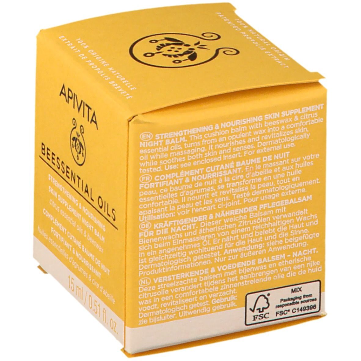 Gelbe Schachtel mit Produktinformationen in verschiedenen Sprachen. FSC-Logo. APIVITA BEESSENTIAL OILS.
