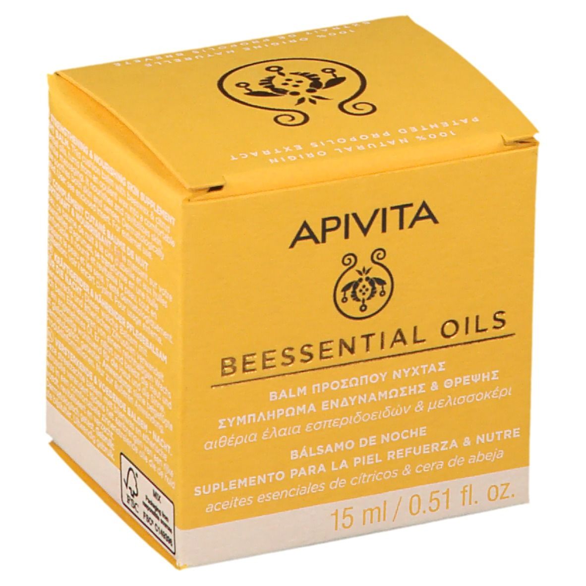 Gelbe Schachtel mit Produktnamen und -details. 15 ml/0,51 fl. oz. Aufschrift: APIVITA BEESSENTIAL OILS.