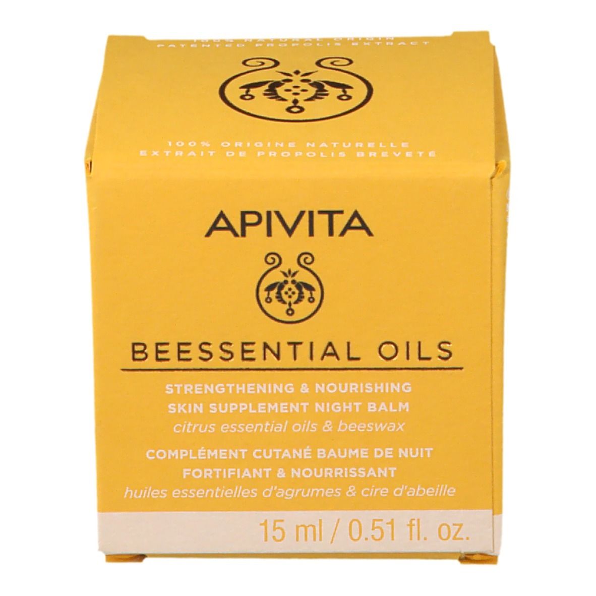 Gelbe Schachtel mit Produktnamen und -details. 15 ml/0,51 fl. oz. Aufschrift: APIVITA BEESSENTIAL OILS.