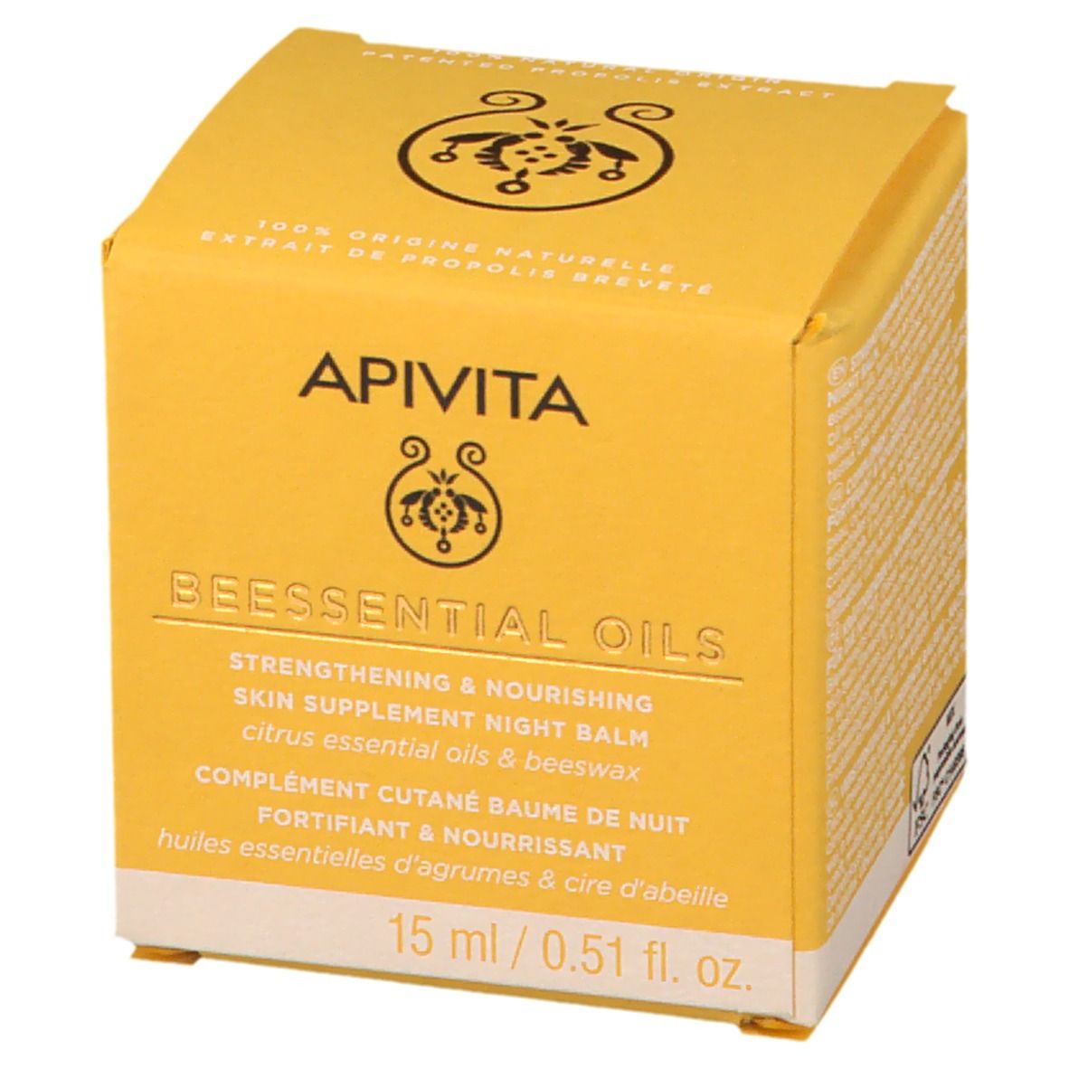 Gelbe Schachtel mit Produktnamen und -details. 15 ml/0,51 fl. oz. Aufschrift: APIVITA BEESSENTIAL OILS.