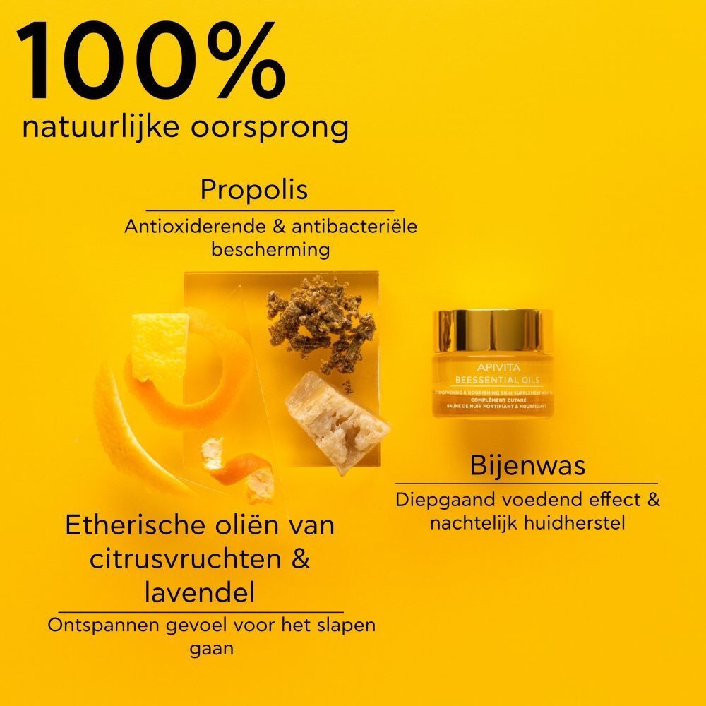 Grafiek met ingrediënten. Opschrift: 100% natuurlijk oorsprong. Propolis, Etherische oliën van citrusvruchten & lavendel, Bijenwas.