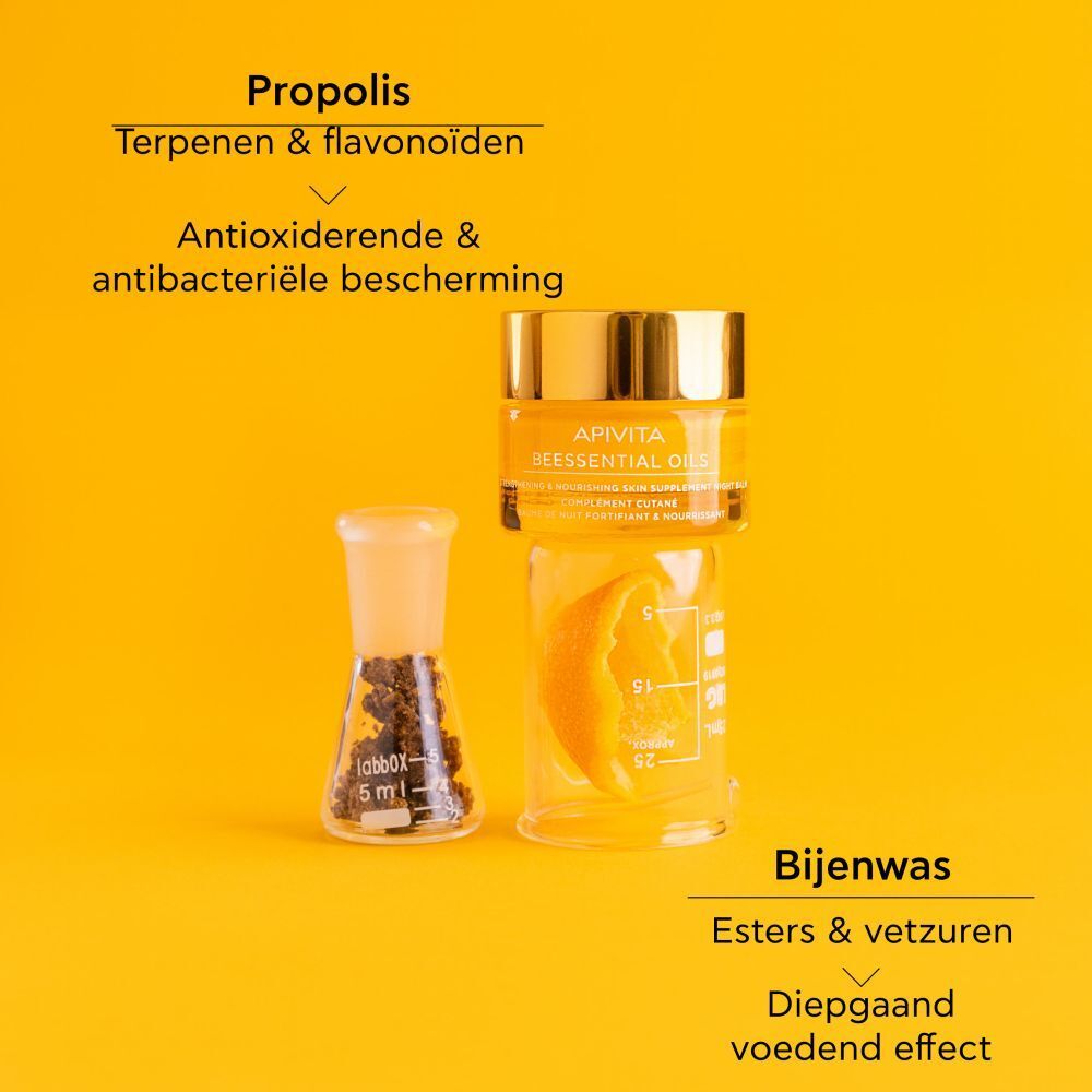 Grafiek met ingrediënten. Opschrift: Propolis, Etherische oliën van citrusvruchten & lavendel, Bijenwas.