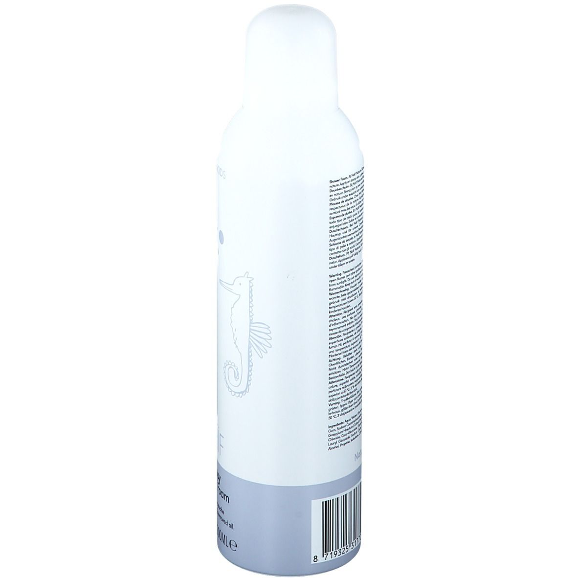 Wit en blauw flesje, zijaanzicht. Tekst en barcode op de achterkant. Productnaam NAÏF, Happy Shower Foam.