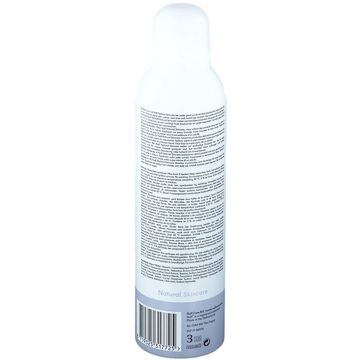 Achterkant van het wit en blauwe flesje. Tekst met ingrediënten en informatie. Barcode en productnaam NAÏF.