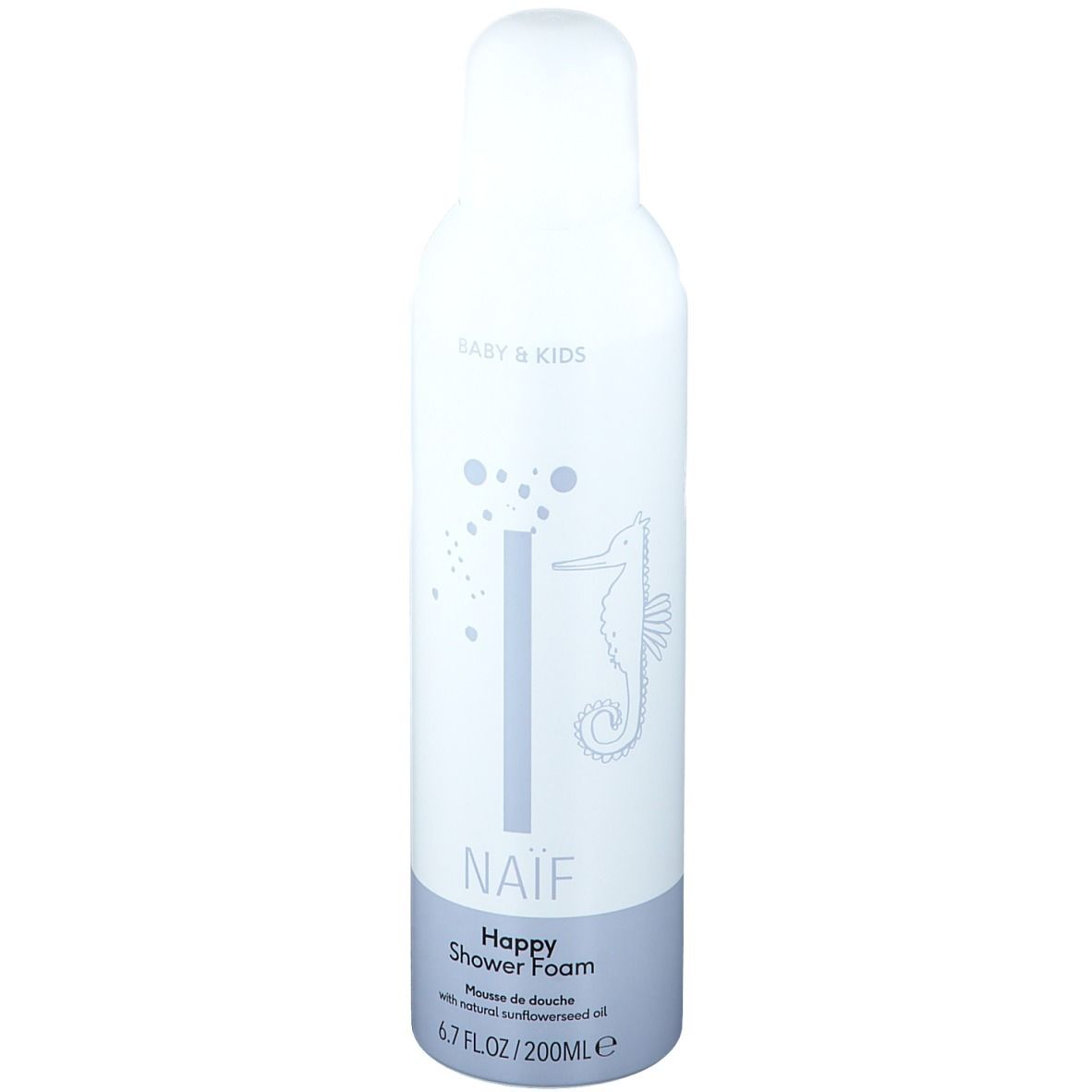 Wit en blauw flesje met productnaam NAÏF, Happy Shower Foam. Illustratie van zeepaardje en tekst: Baby & Kids.