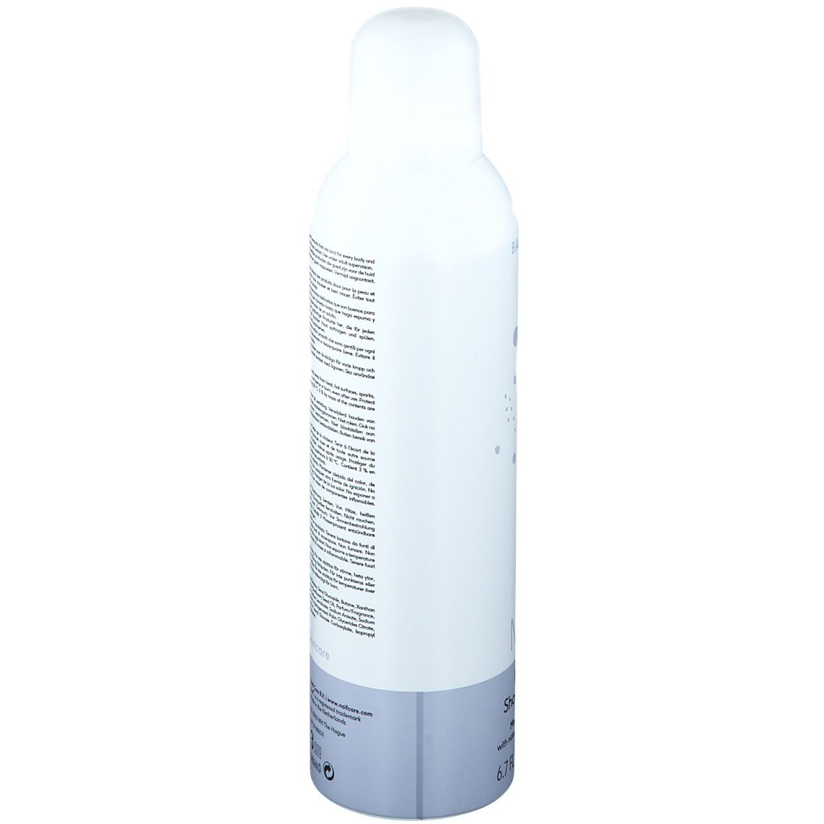 Zijaanzicht van het wit en blauwe flesje. Tekst op de achterkant. Productnaam NAÏF, Happy Shower Foam.