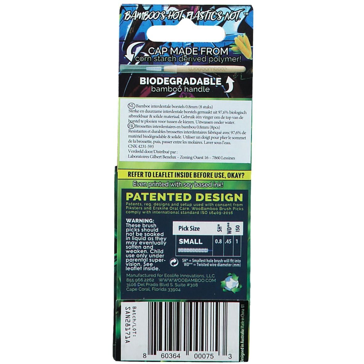 Verpakking met tandenstokers. Bamboe handvat. Maat 0,8 mm. Opschriften: « BIODEGRADABLE bamboo handle » en « PATENTED DESIGN ».