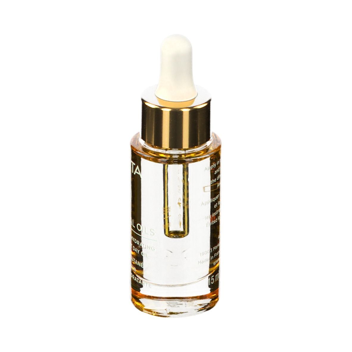 Transparante fles met gouden dop en pipet. Product zichtbaar.