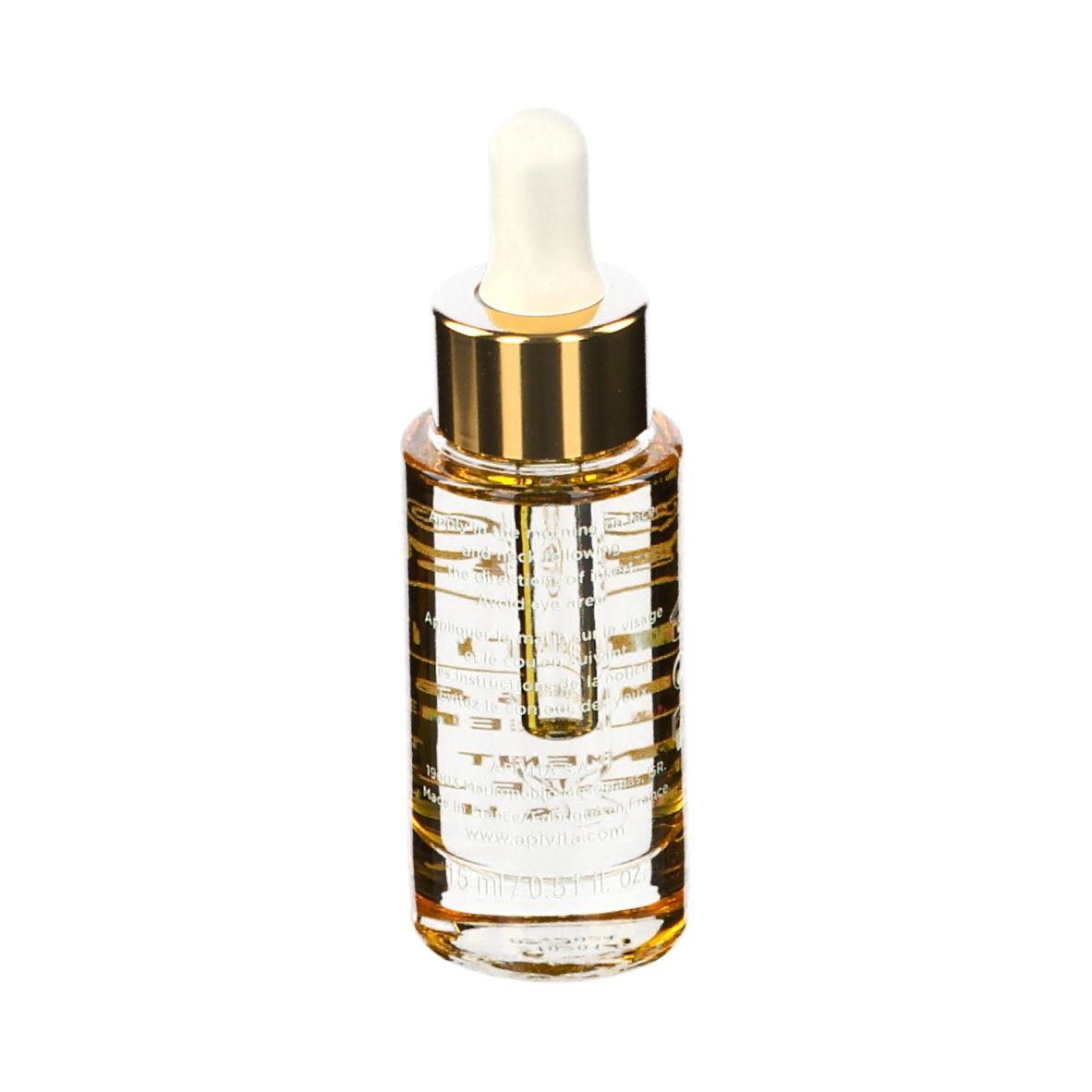 Transparante fles met gouden dop en pipet. Product zichtbaar.