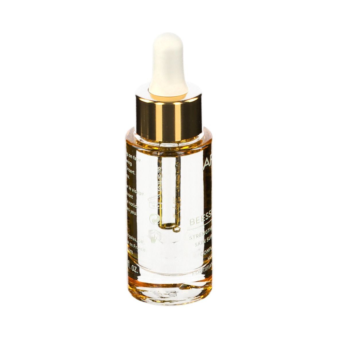 Transparante fles met gouden dop en pipet. Product zichtbaar.