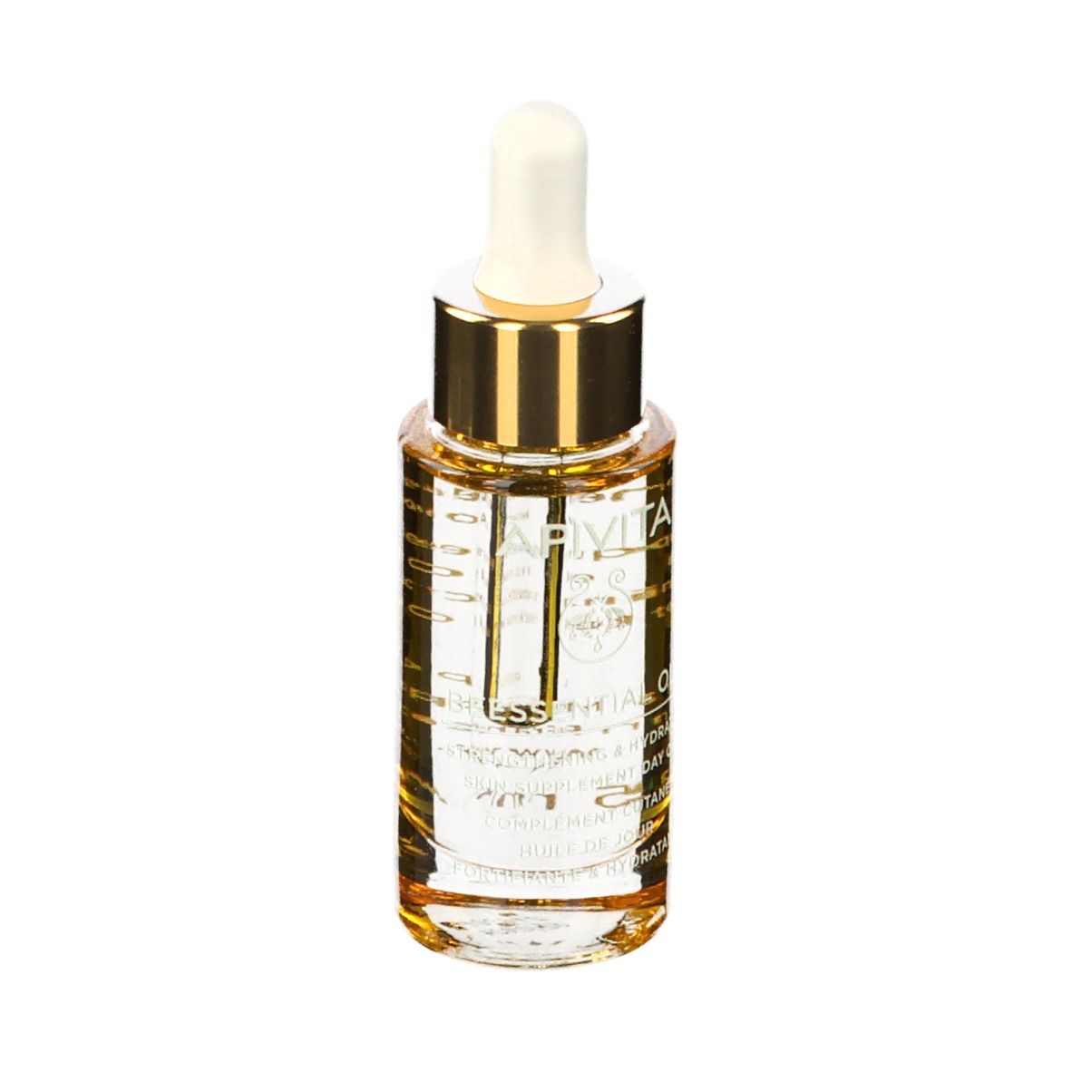 Transparante fles met gouden dop en pipet. Product zichtbaar.