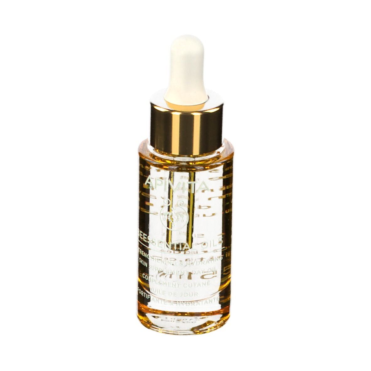 Transparante fles met gouden dop en pipet. Product zichtbaar.