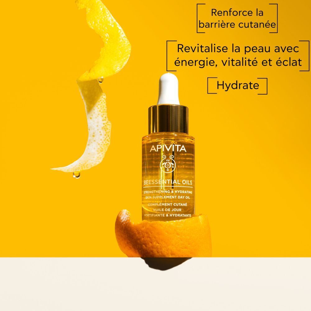 Flacon et emballage. Emballage jaune avec nom du produit et logo.