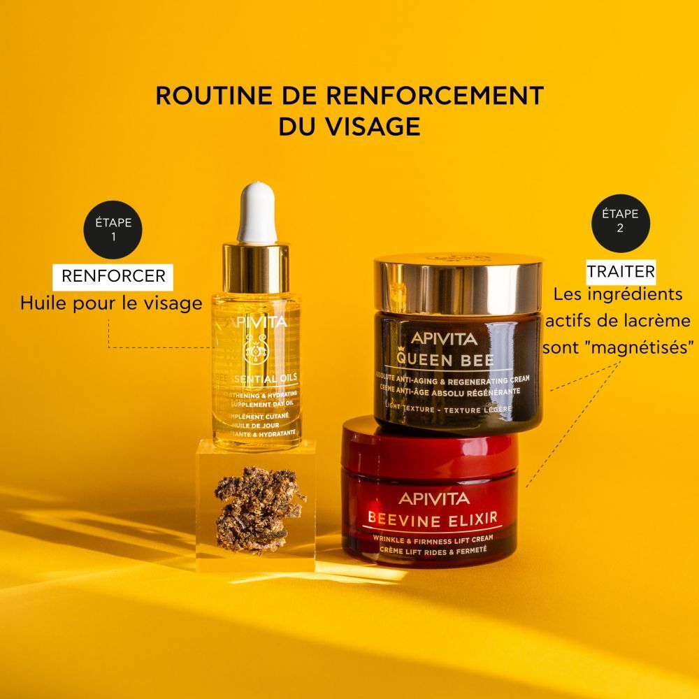 Flacon avec bouchon doré et pipette. Fond jaune.