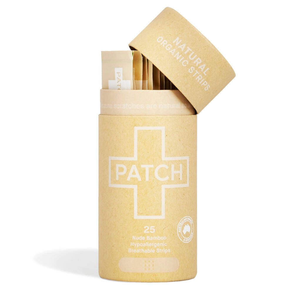 Cilindrische verpakking met "PATCH" en kruislogo. Bevat 25 pleisters. Deksel open, pleisters zichtbaar.